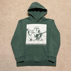True Religion Hoodie Sweatshirt Mens Small Pullover Green Buddha Guitar Graphic